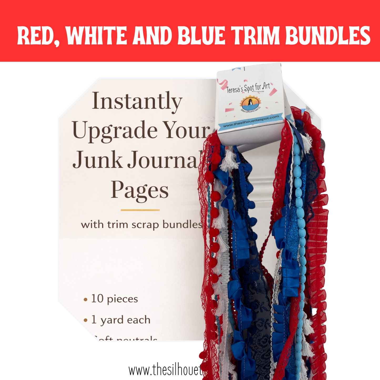 Red, White and Blue Trim Bundle Assorted Ribbons, Twines and Trims