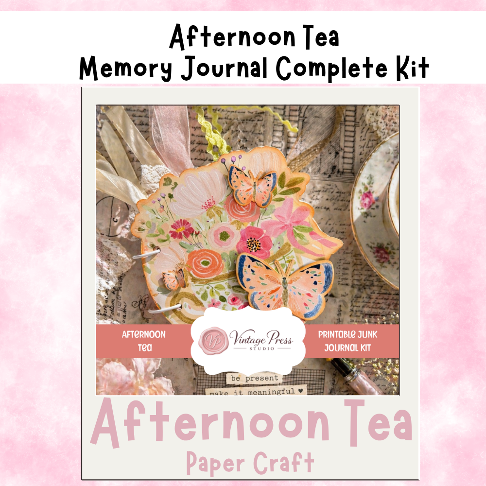Tea Party Junk Journal Kit, Shabby Chic Scrapbooking Folio, Printable Memory Keeper Folio 19-Page Printed Bundle + Video Instructions
