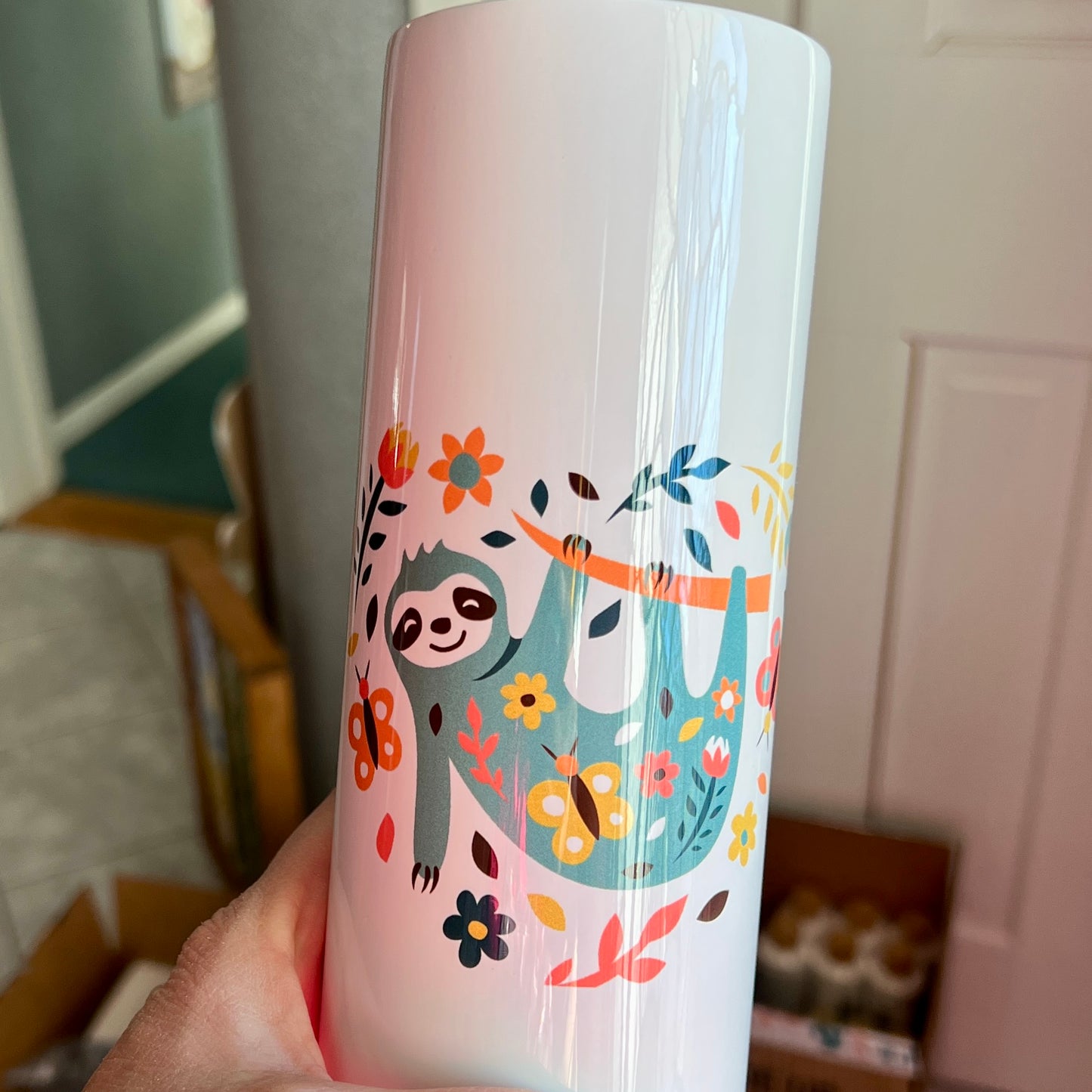 Tumbler With Sloth, Lid and Straw, Stainless Steel Skinny Tumbler, Gift for Mom, Gift for Her sloth, Bridal Party Gifts