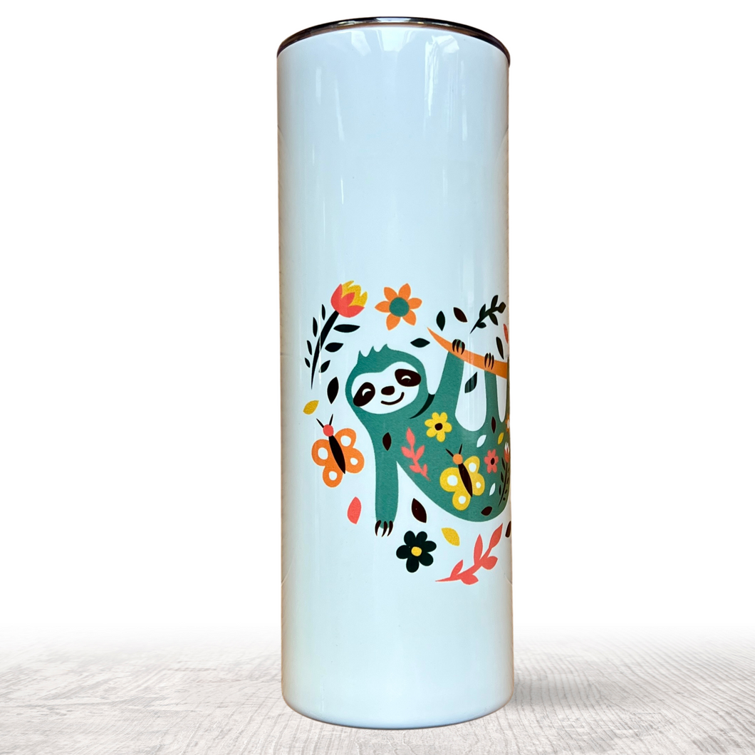 Tumbler With Sloth, Lid and Straw, Stainless Steel Skinny Tumbler, Gift for Mom, Gift for Her sloth, Bridal Party Gifts