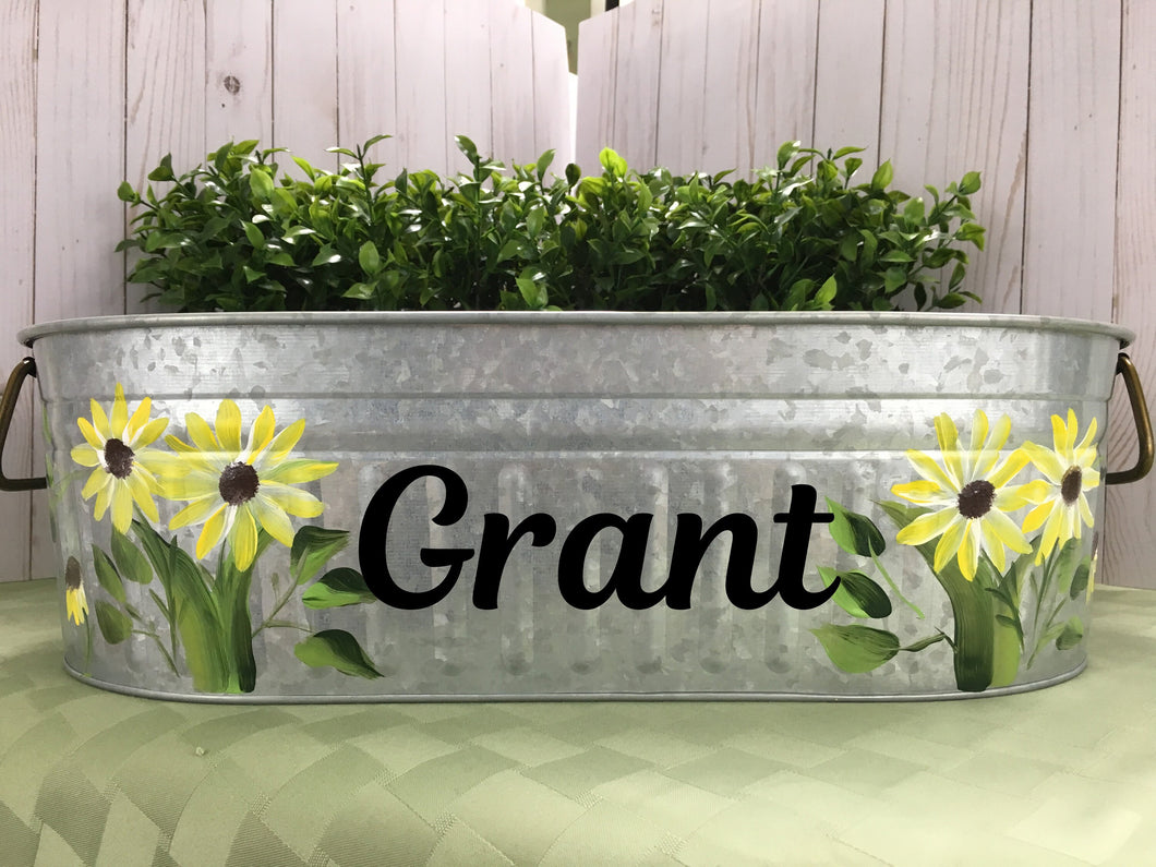 Personalized  Galvanized Metal Tub with Hand Painted Daisies for Farmhouse decor