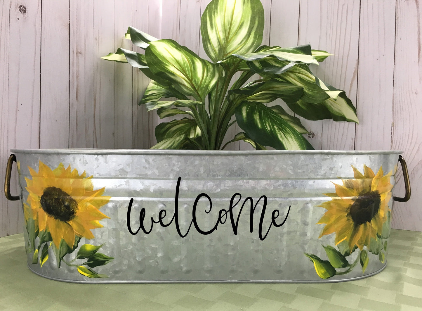 Galvanized Metal Oval Tub Hand Painted and Personalized with Sunflowers