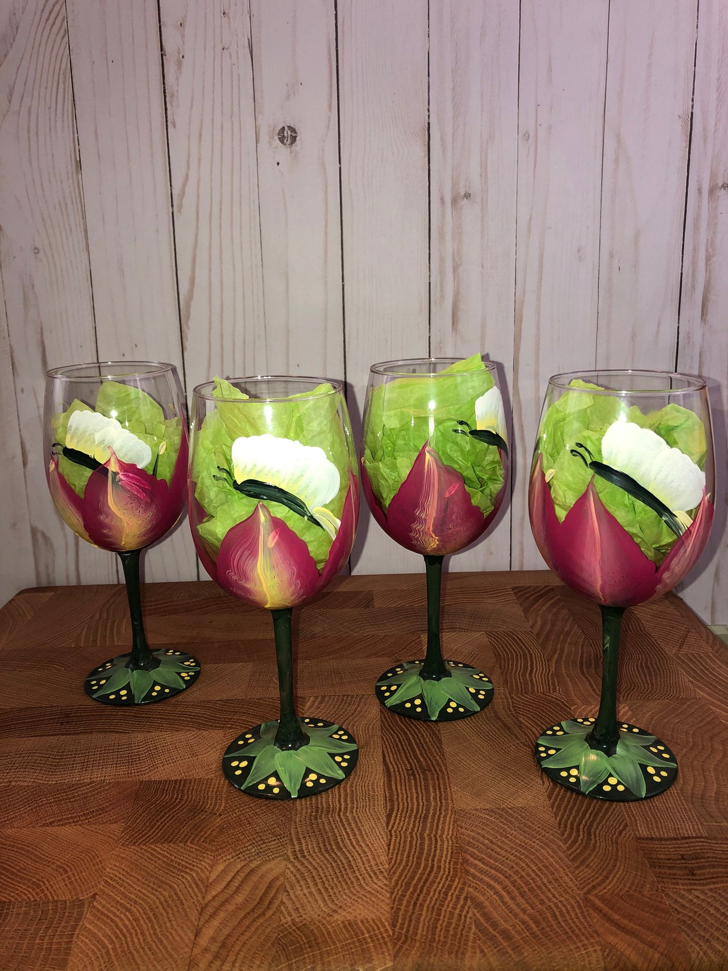 Tulip and Butterfly Hand Painted Stemmed Wine Glasses Set of 2