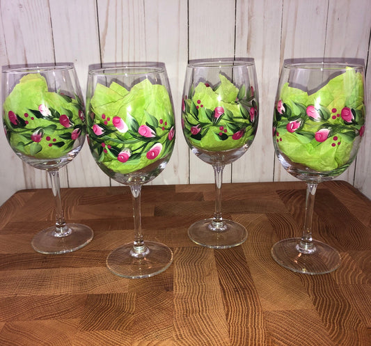 hand painted rosebud wine glasses