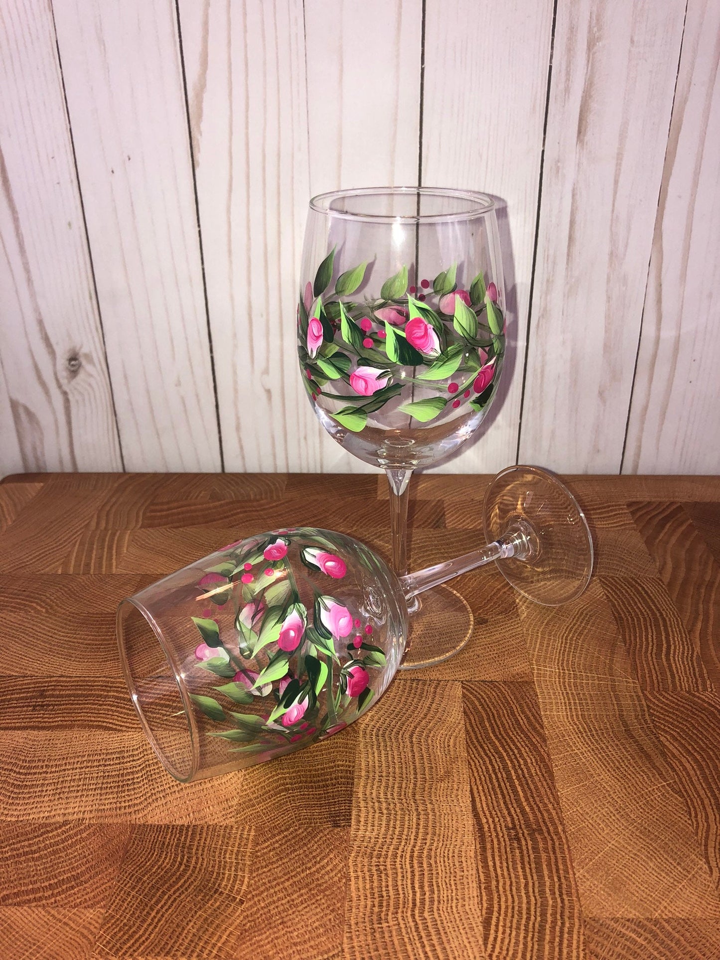 Rose Buds and Little Vines Hand Painted  Wine Glasses