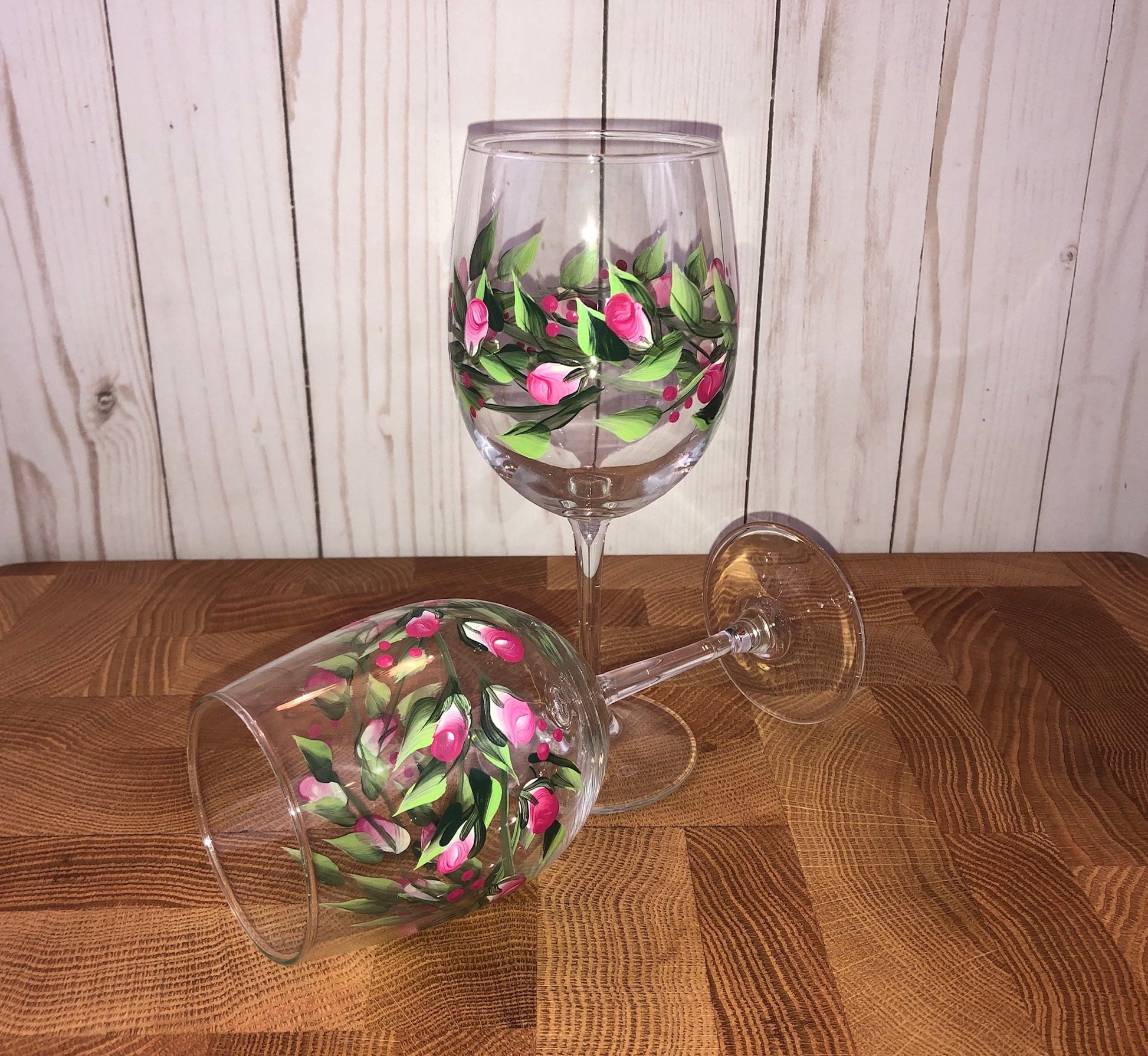 Handpainted Wine Goblets Set of Two Butterflies Flowers Painted