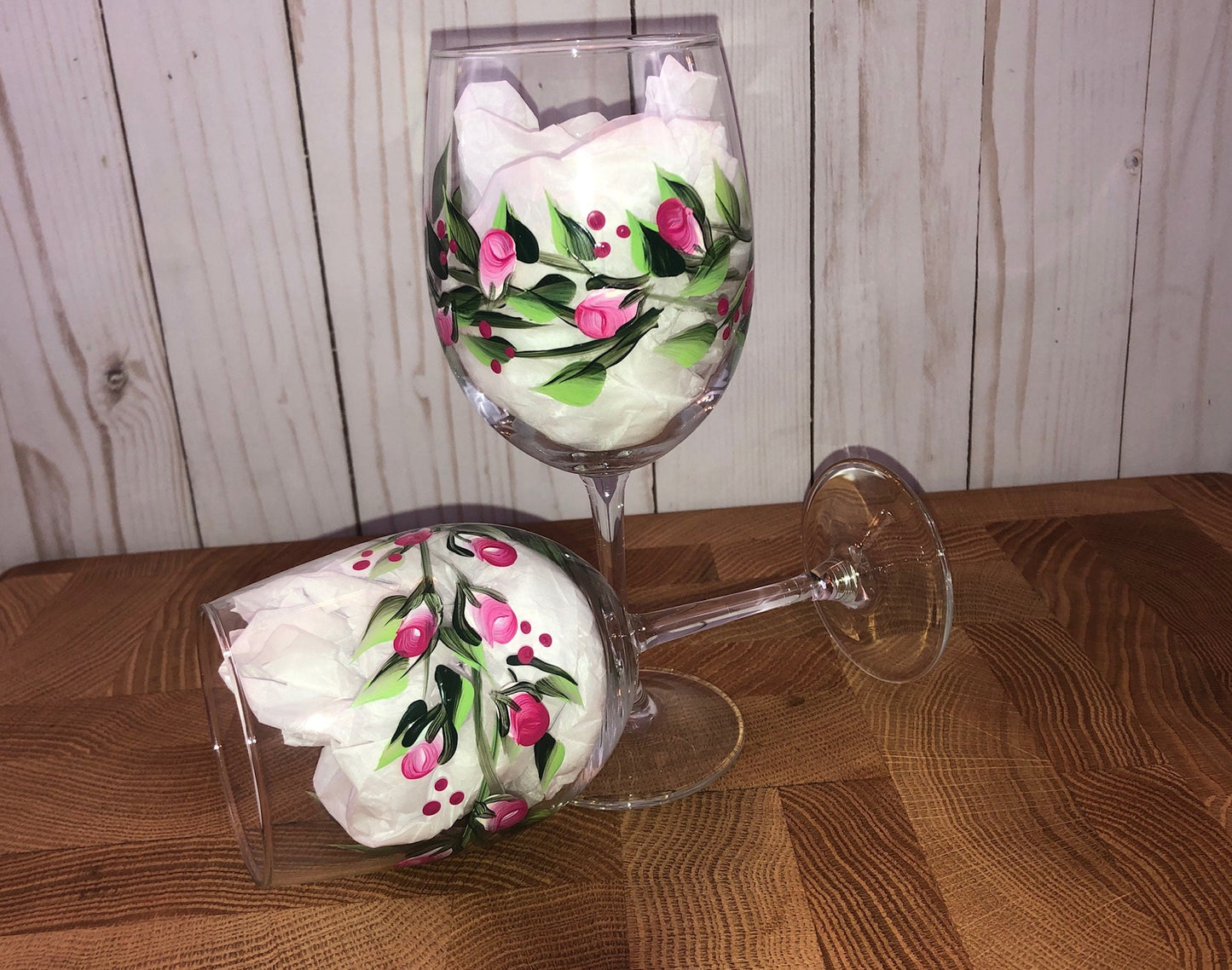 Rose Buds and Little Vines Hand Painted  Wine Glasses