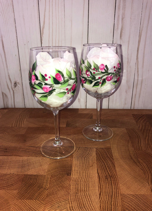 Rose Buds and Little Vines Hand Painted  Wine Glasses