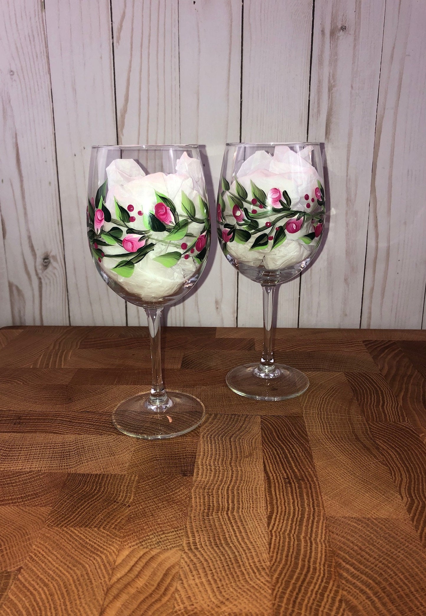 Rose Buds and Little Vines Hand Painted  Wine Glasses