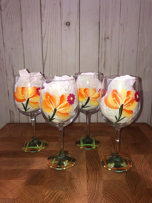 hand painted wild flower wine glasses