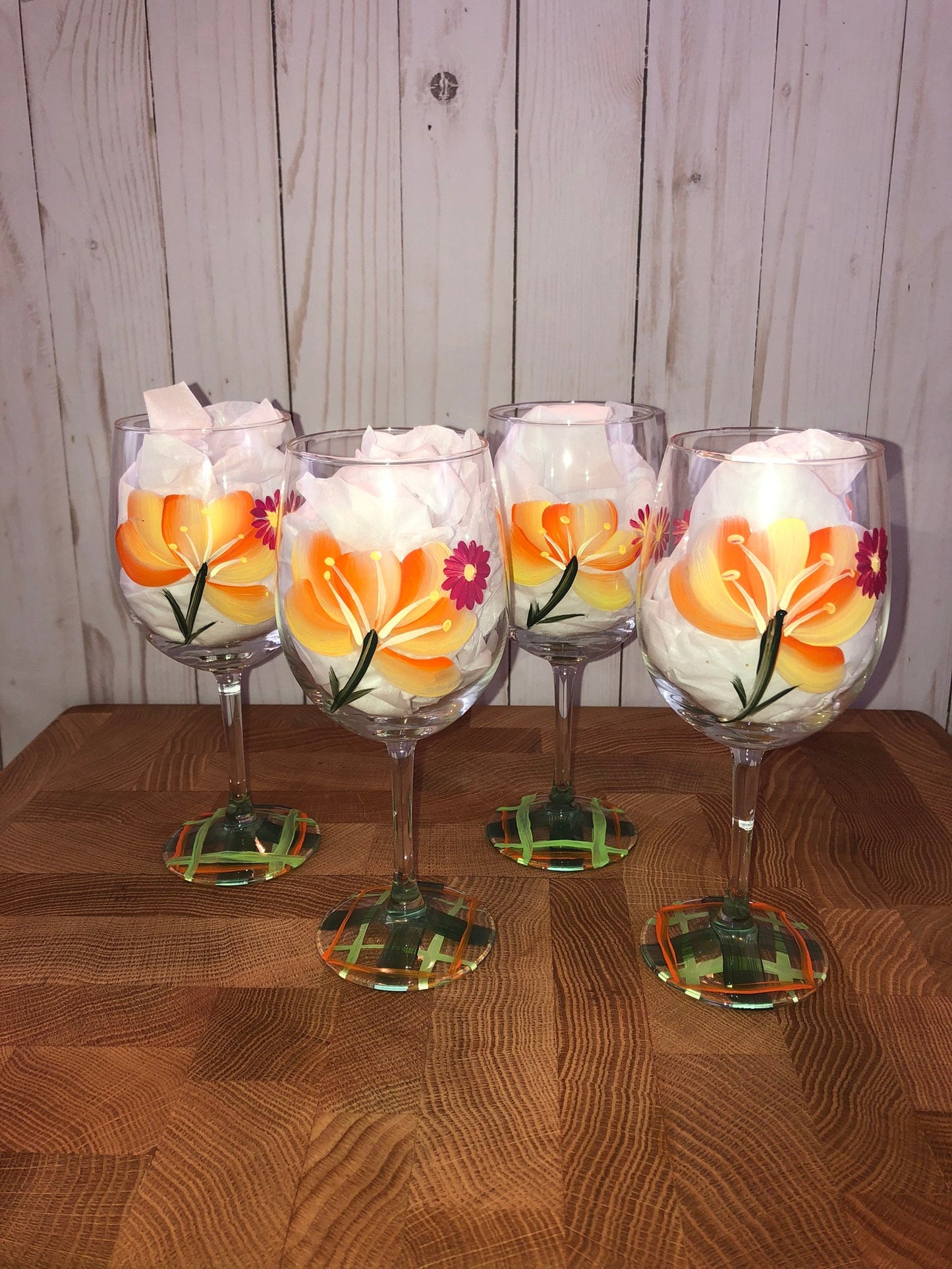 hand painted wild flower wine glasses