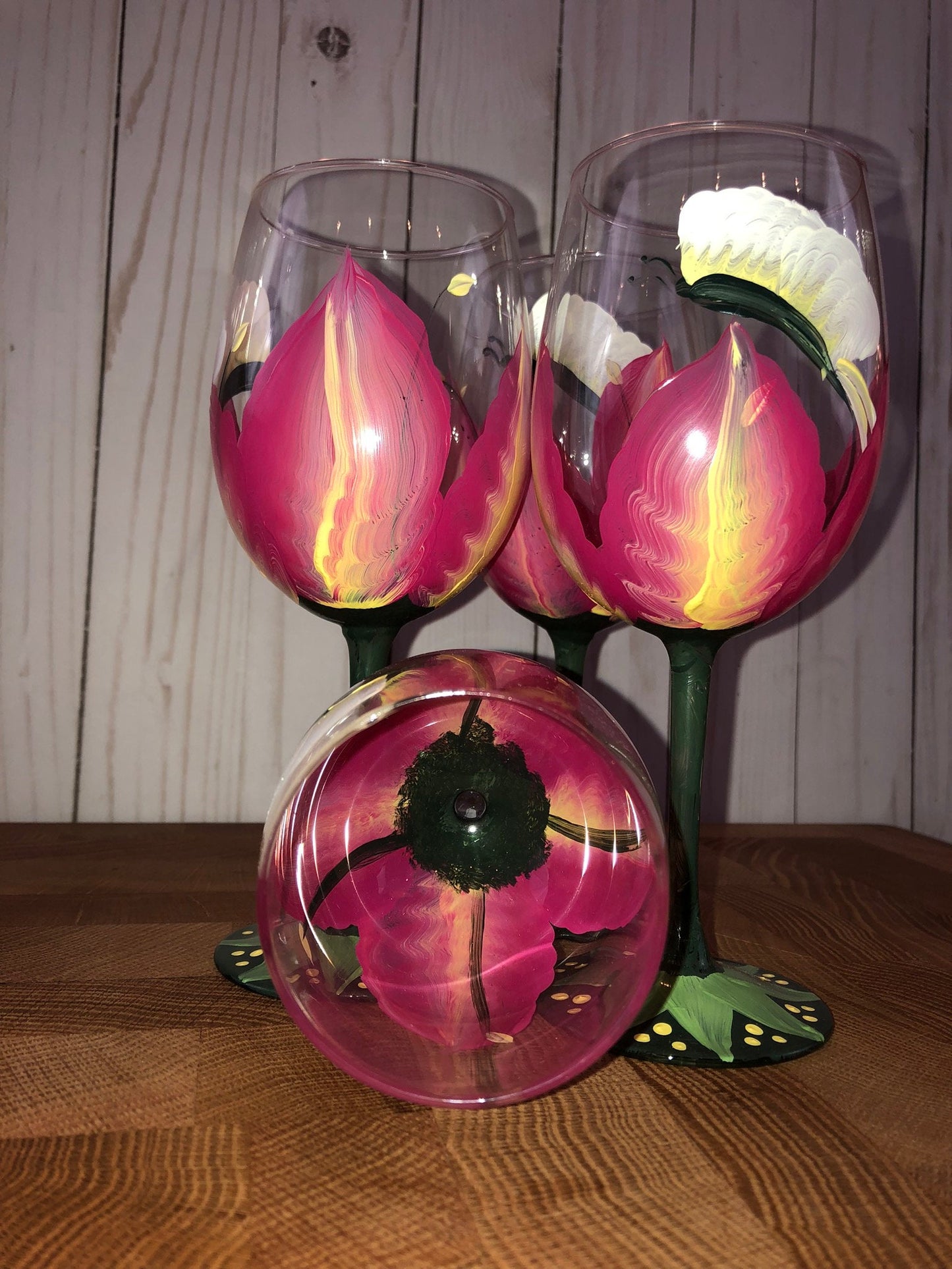 Tulip and Butterfly Hand Painted Stemmed Wine Glasses Set of 2