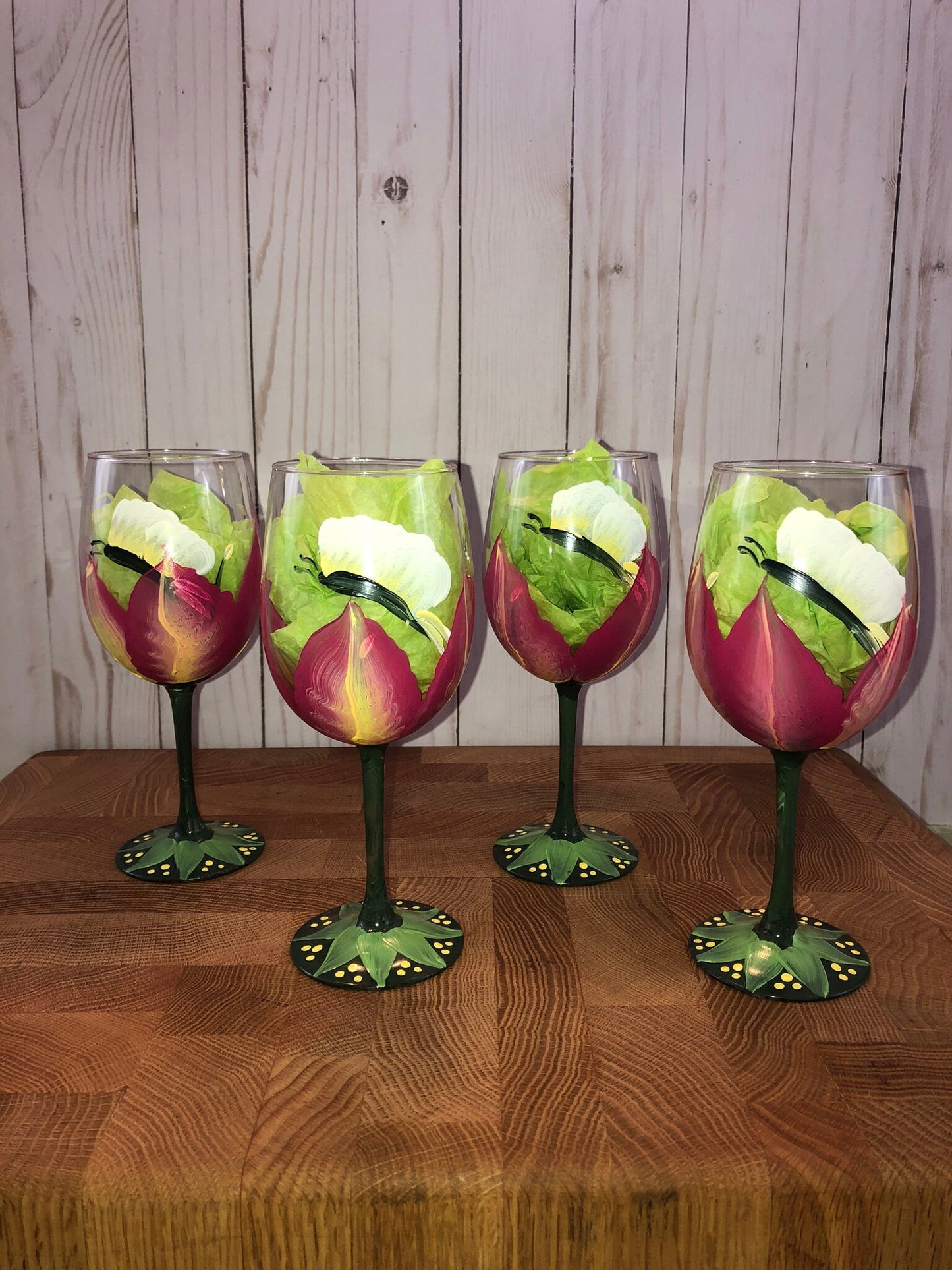 Tulip and Butterfly Hand Painted Stemmed Wine Glasses Set of 2