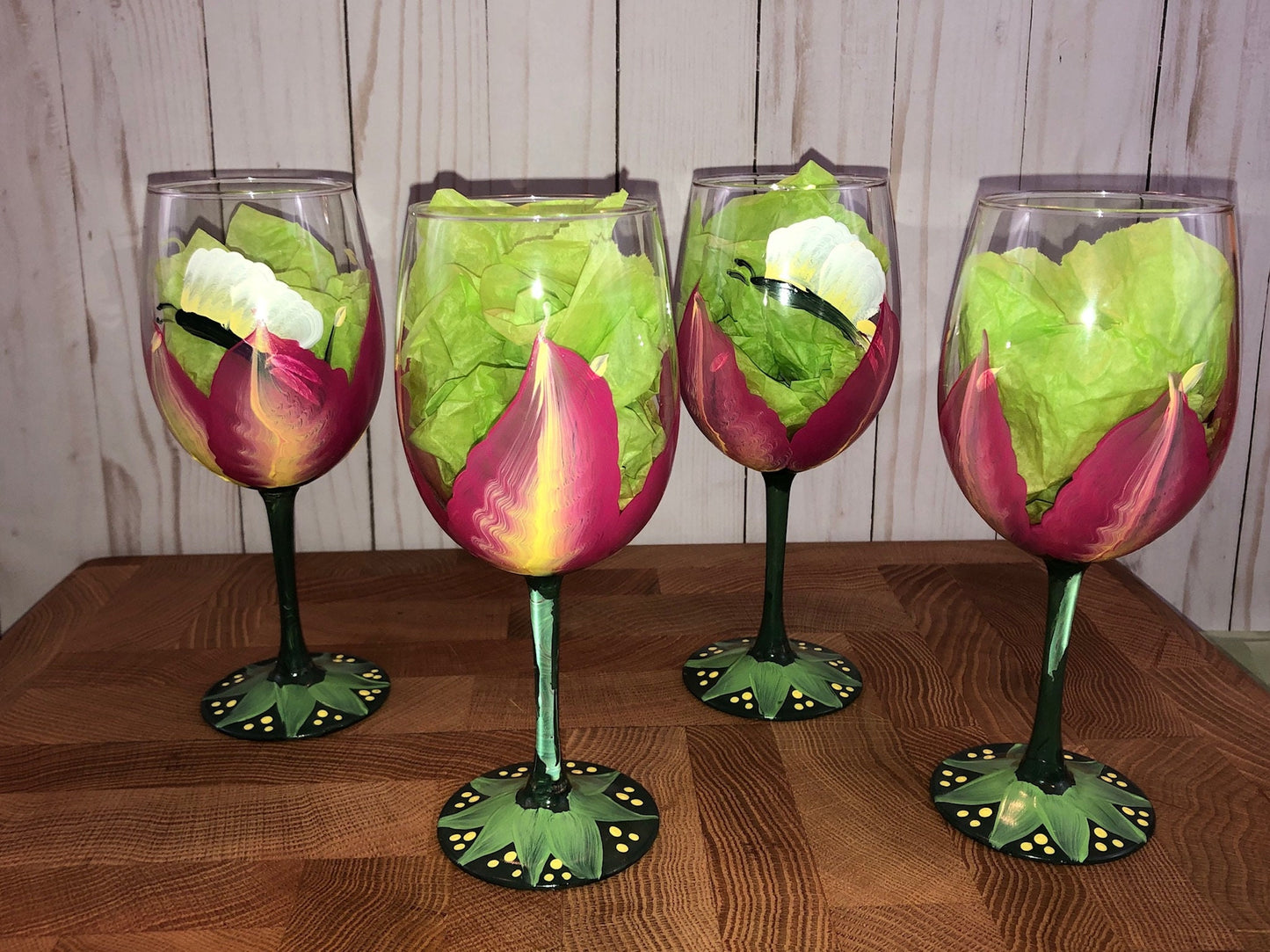 Tulip and Butterfly Hand Painted Stemmed Wine Glasses Set of 2