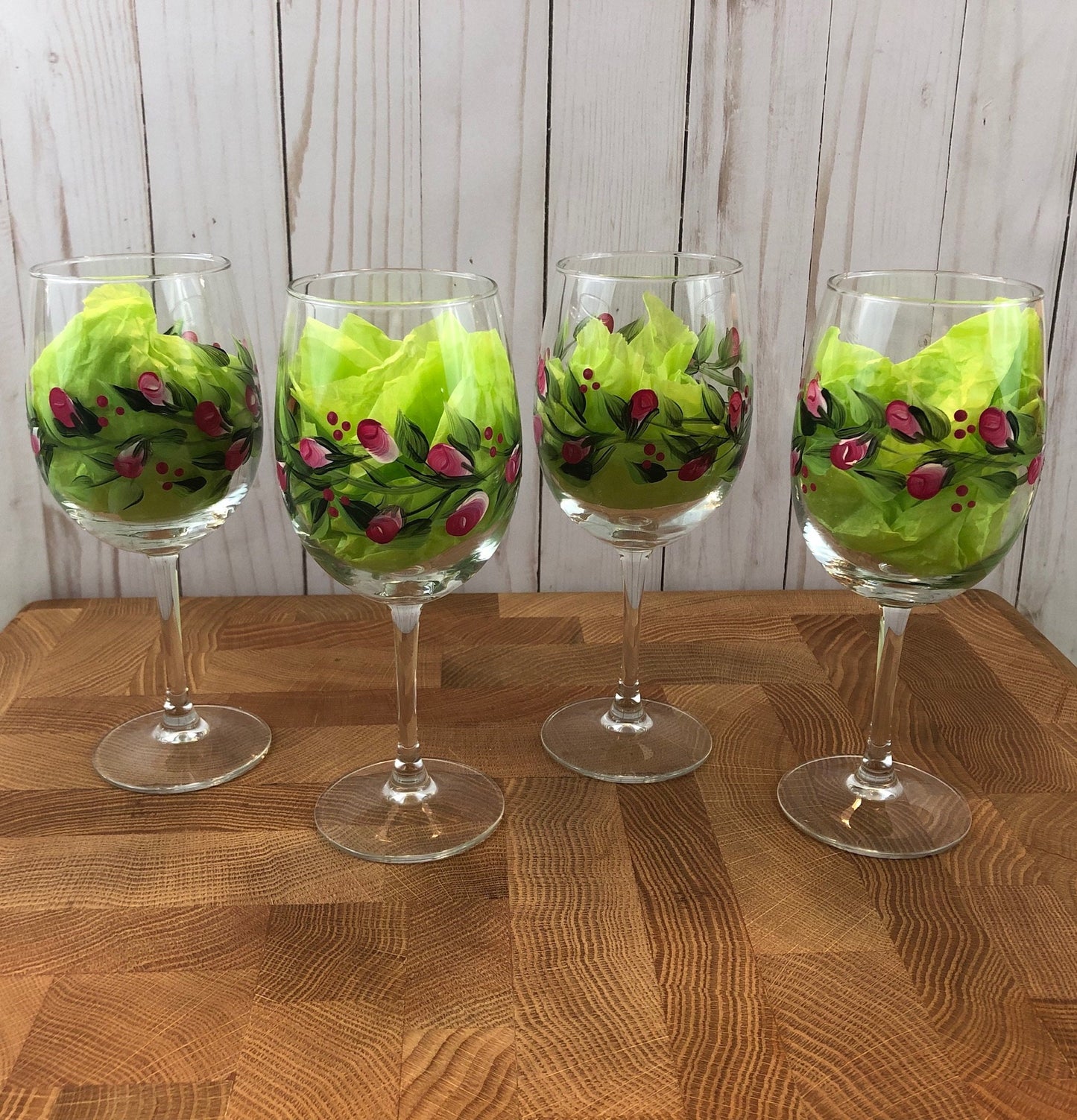 hand painted rosebud wine glasses