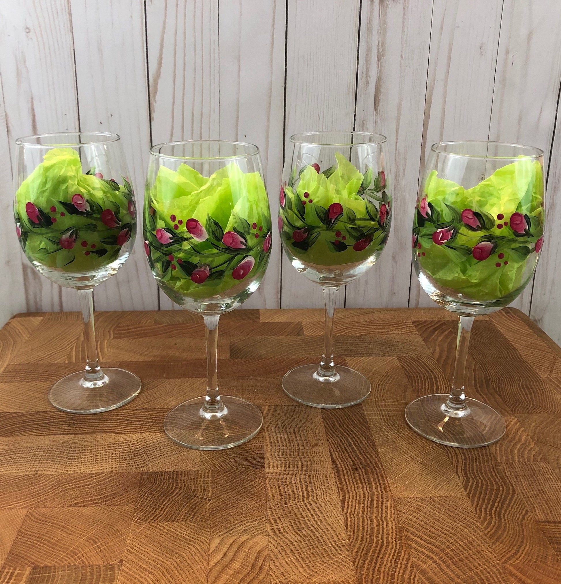 hand painted rosebud wine glasses