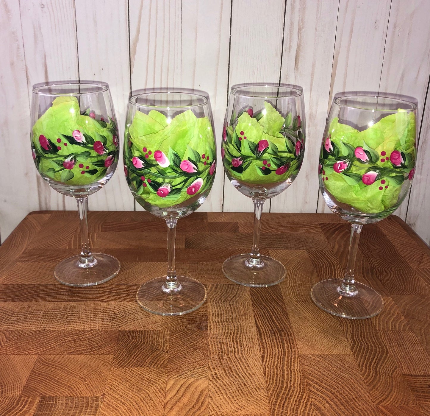 hand painted rosebud wine glasses
