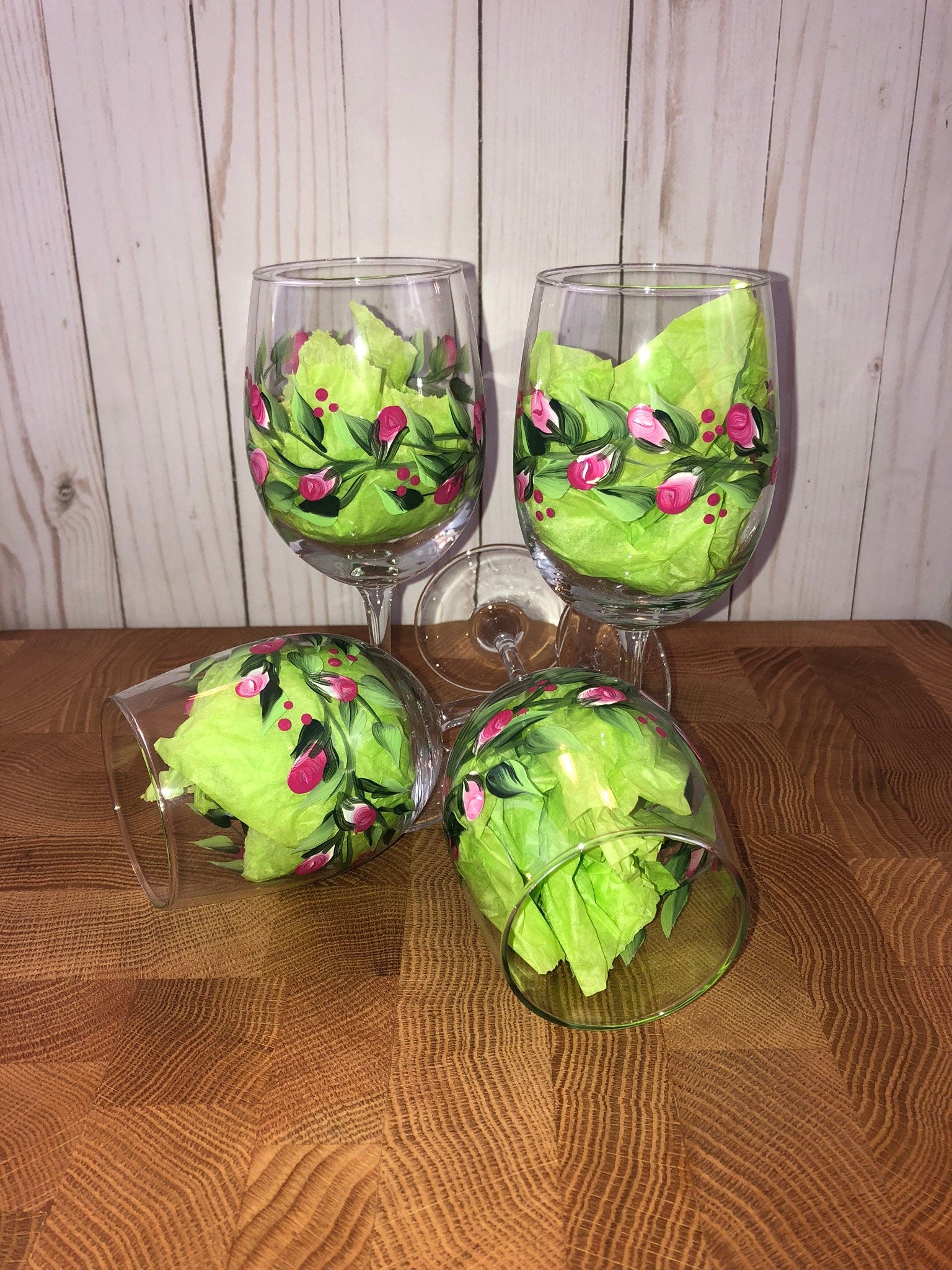 hand painted rosebud wine glasses