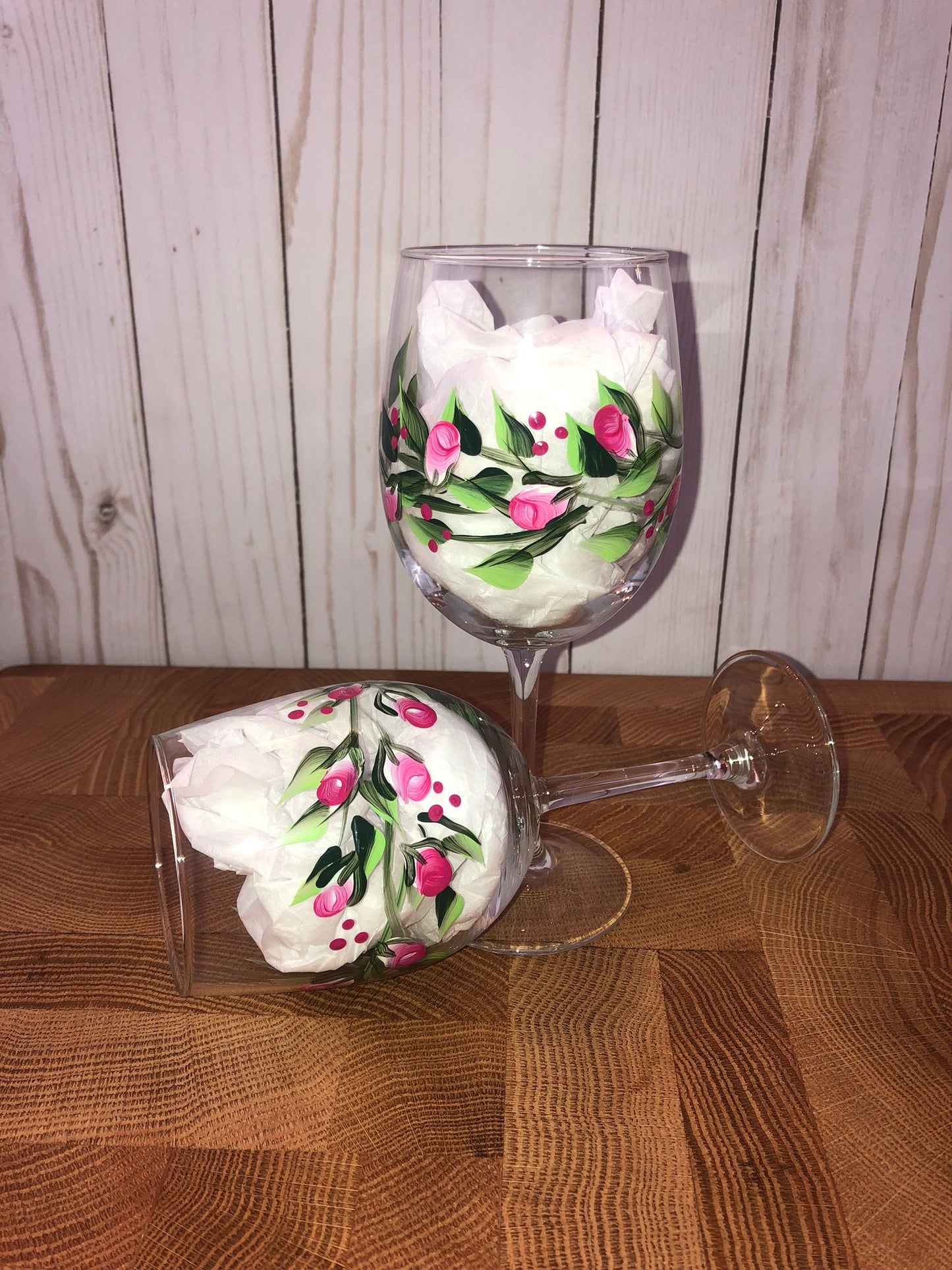 Rose Buds and Little Vines Hand Painted  Wine Glasses