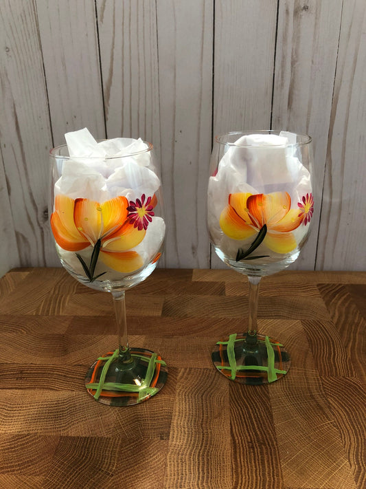 Hand Painted Wild Flowers Wine Glasses