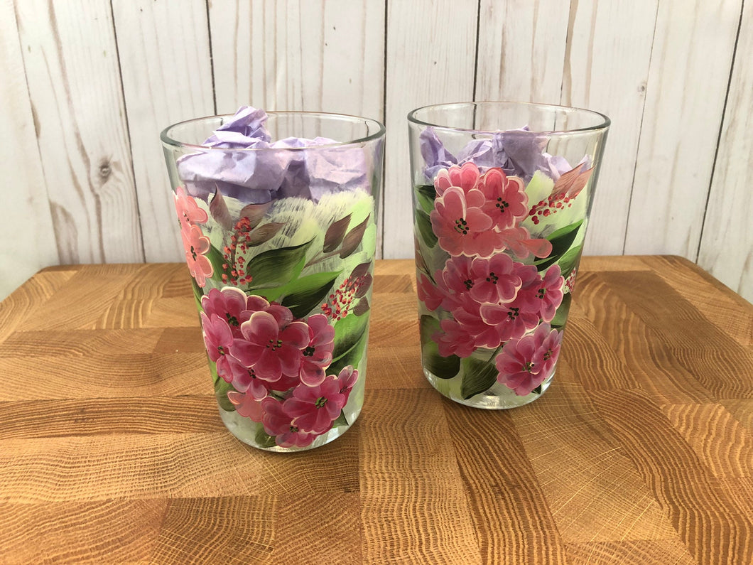 Wildflower Hand Painted Pint Glasses 16 oz. Pink and Green pattern Florals