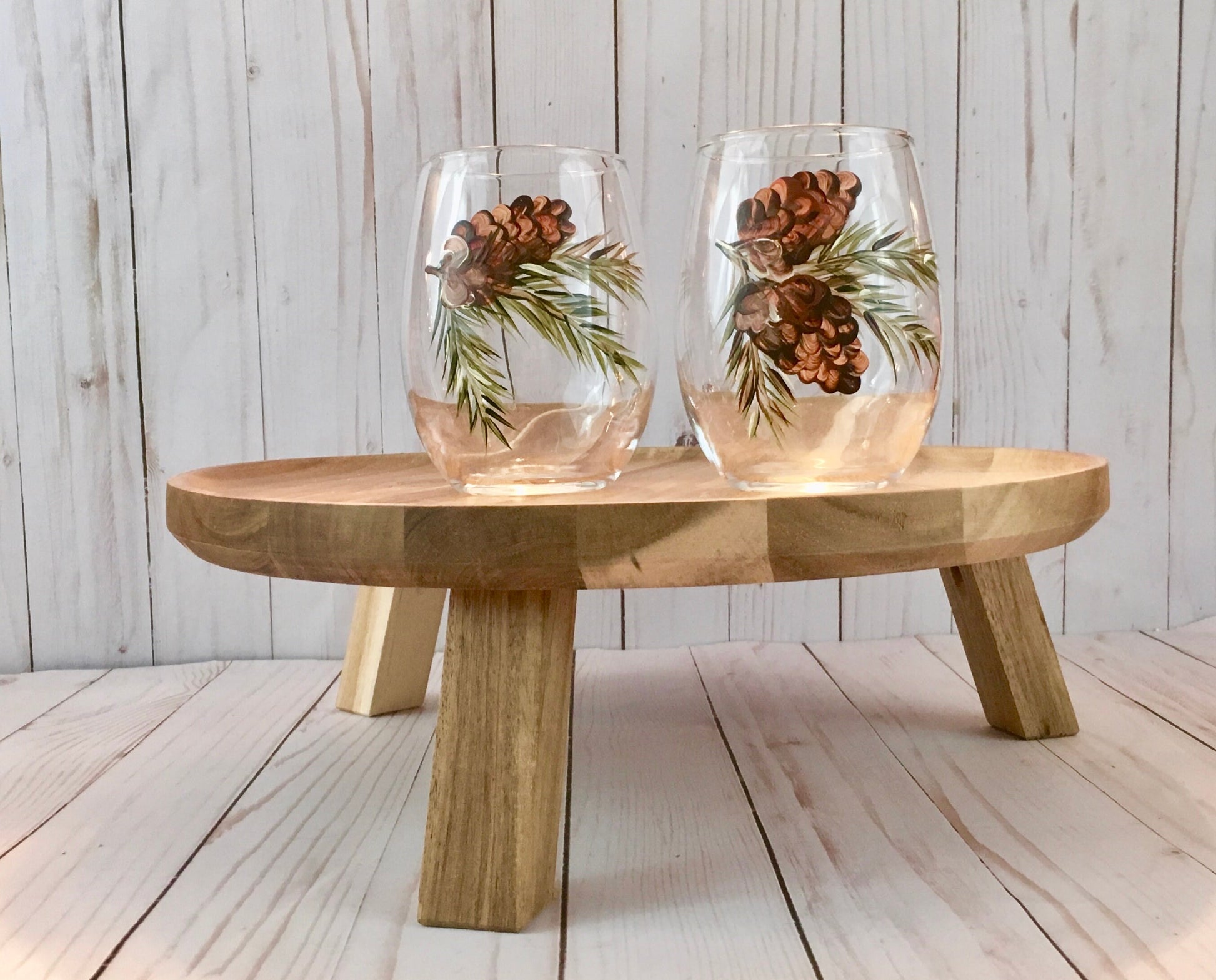 Pine Cone Hand Painted Unstemmed Wine Glasses for Fall Holidays