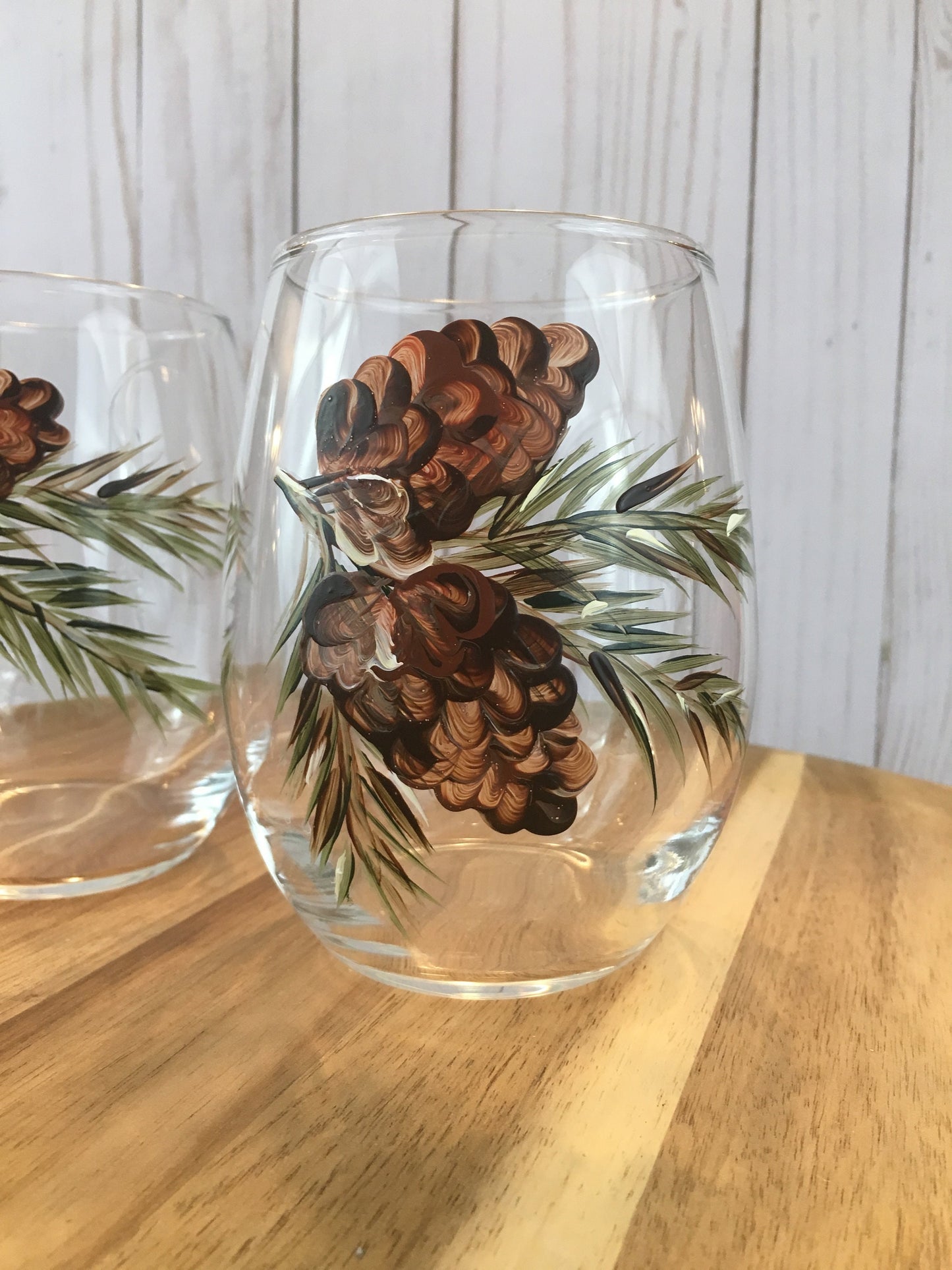 Pine Cone Hand Painted Unstemmed Wine Glasses for Fall Holidays