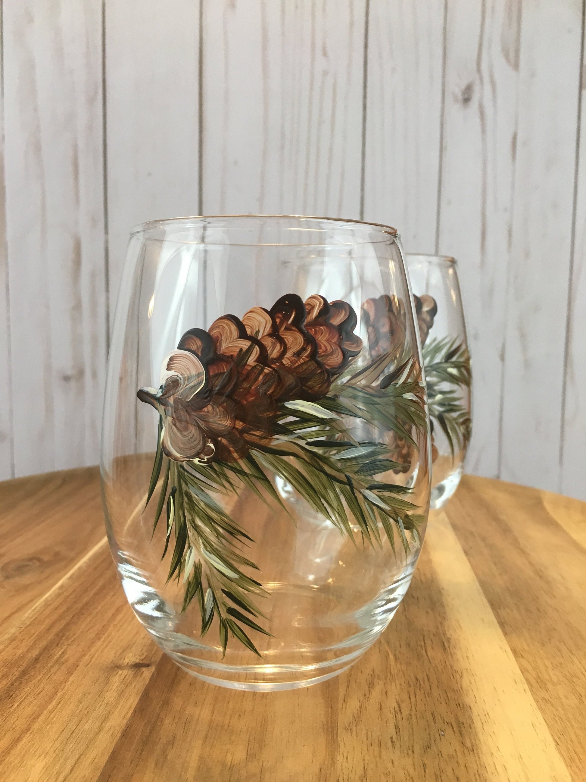 Pine Cone Hand Painted Unstemmed Wine Glasses for Fall Holidays
