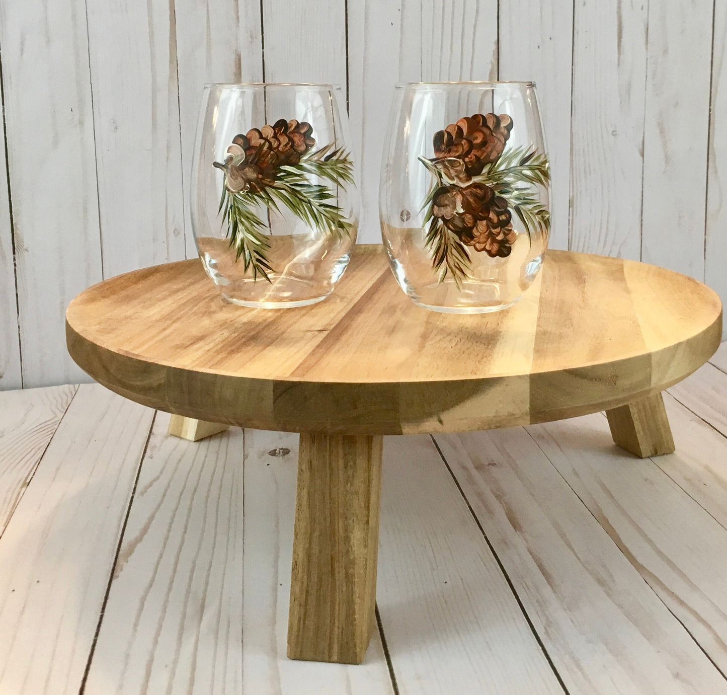Pine Cone Hand Painted Unstemmed Wine Glasses for Fall Holidays