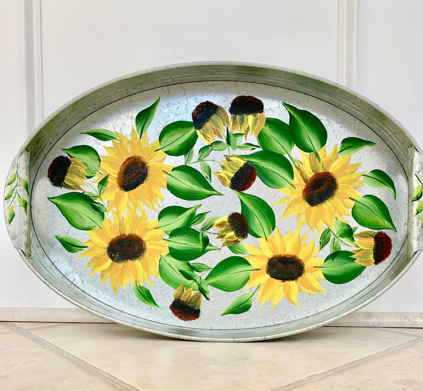 Sunflowers Galvanized Oval Tray hand Painted Gift for Host
