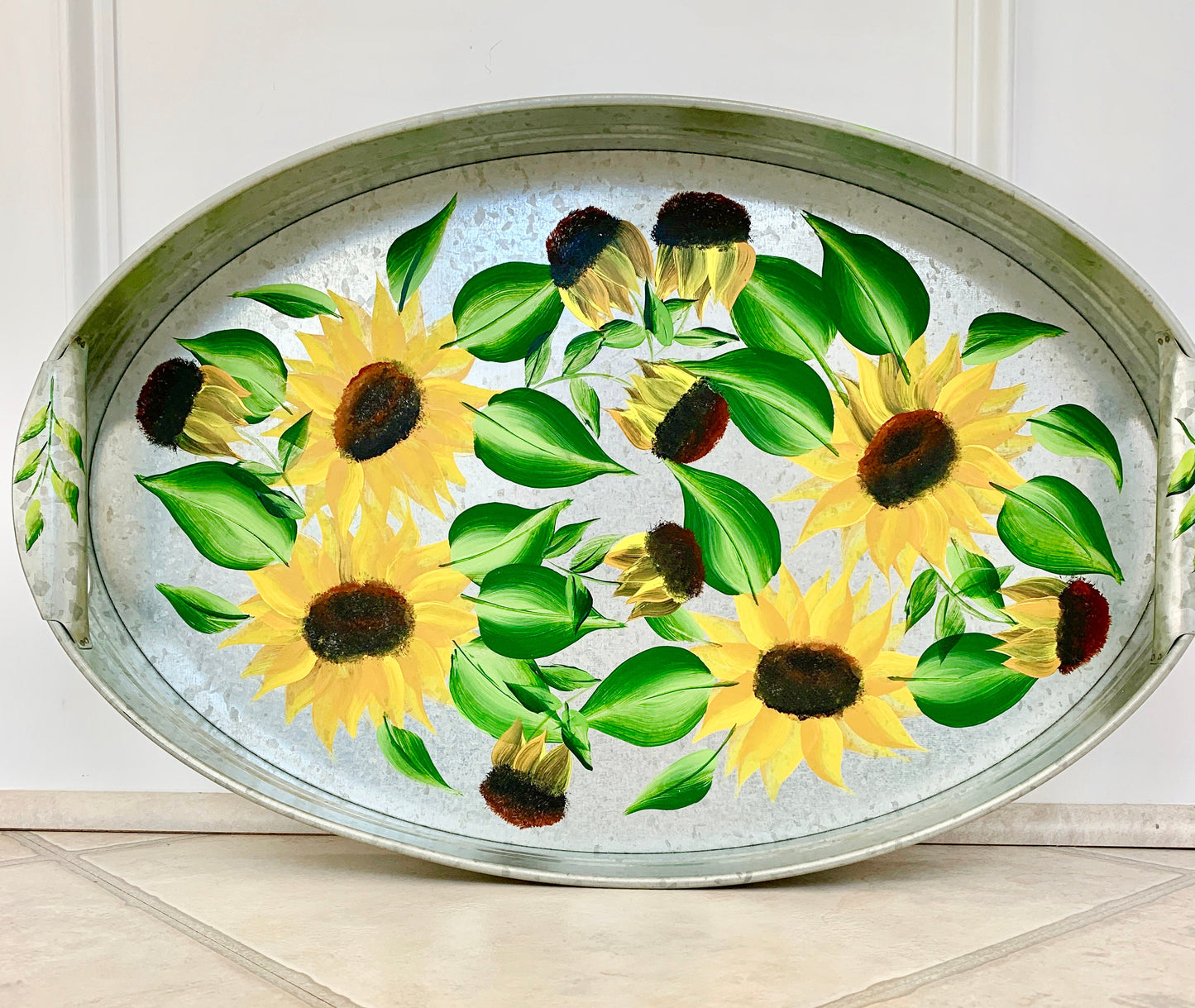 Sunflowers Galvanized Oval Tray hand Painted Gift for Host