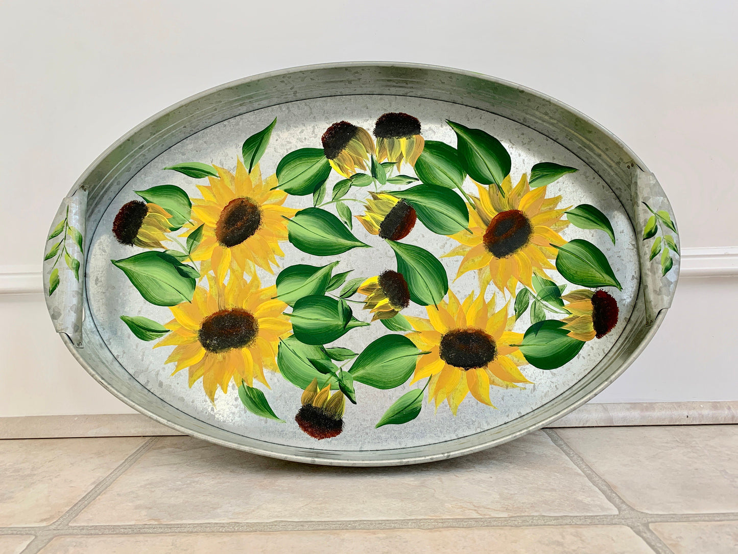 Sunflowers Galvanized Oval Tray hand Painted Gift for Host