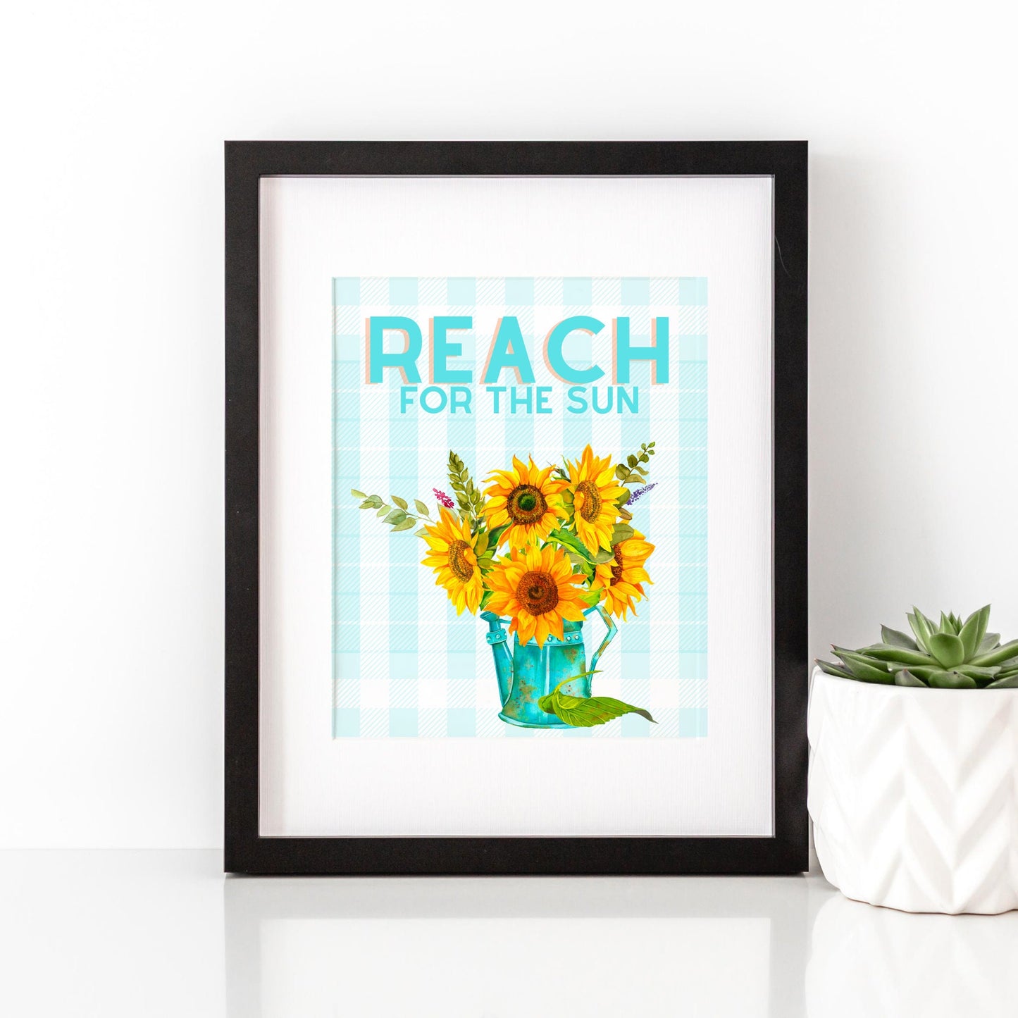 Sunflower Aqua Buffalo Check Printable Inspirational Digital Wall Art
