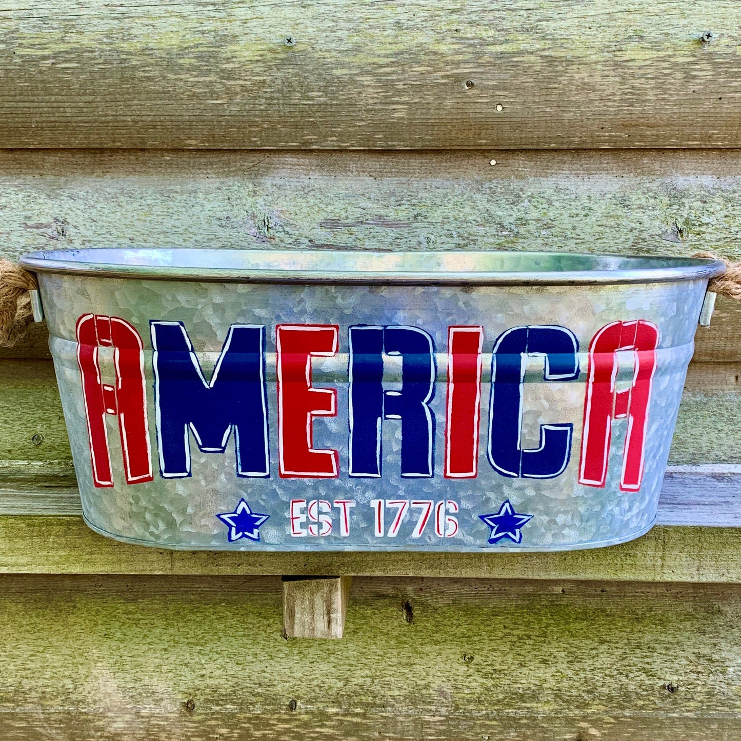 Patriotic USA Hand Painted Galvanized Metal Tub|Galvanized Oval Tin