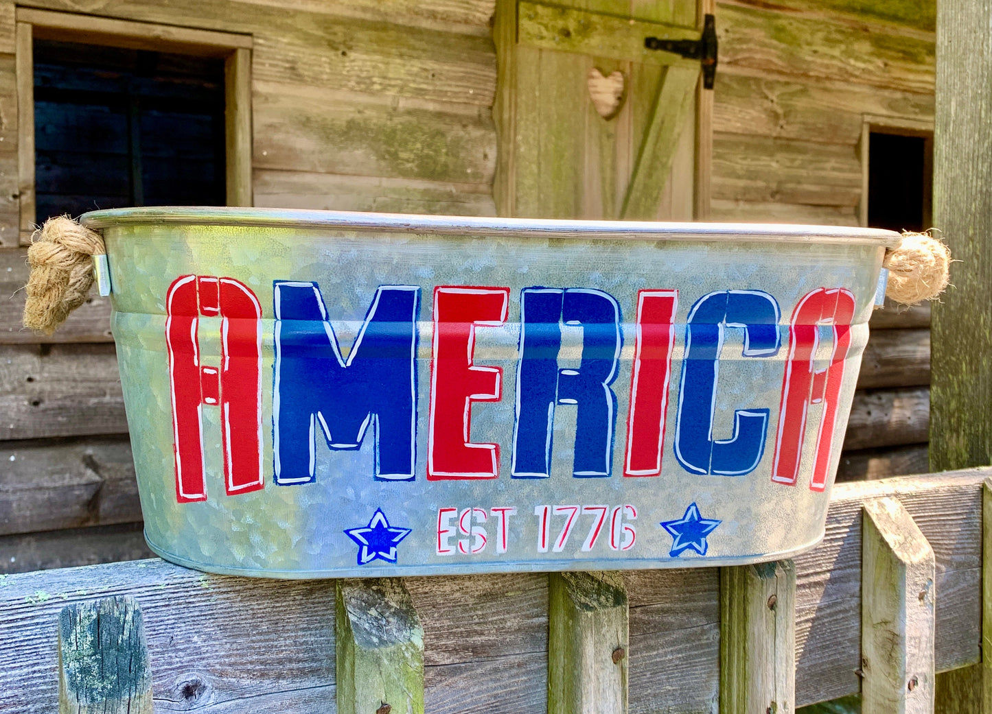 Patriotic USA Hand Painted Galvanized Metal Tub|Galvanized Oval Tin