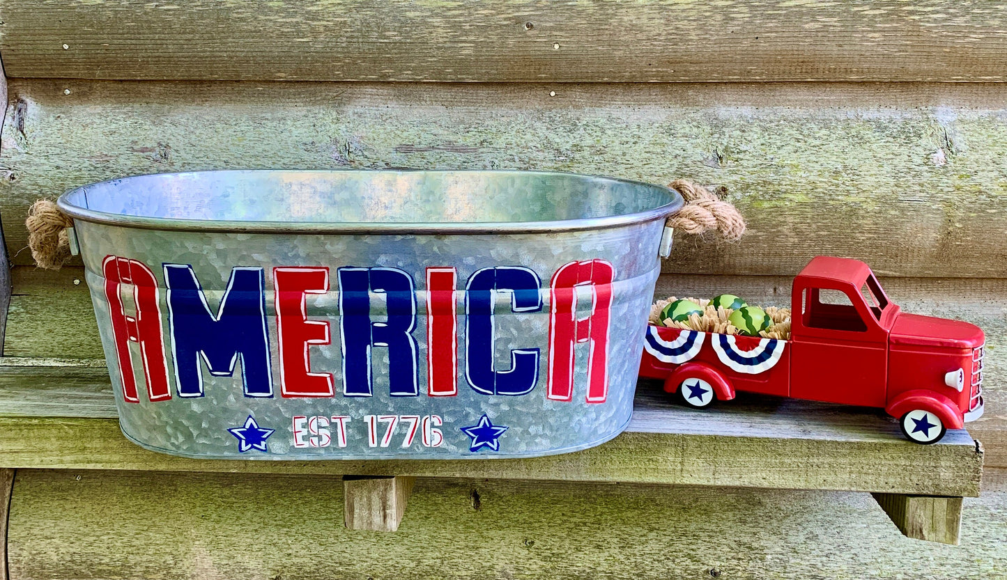 Patriotic USA Hand Painted Galvanized Metal Tub|Galvanized Oval Tin