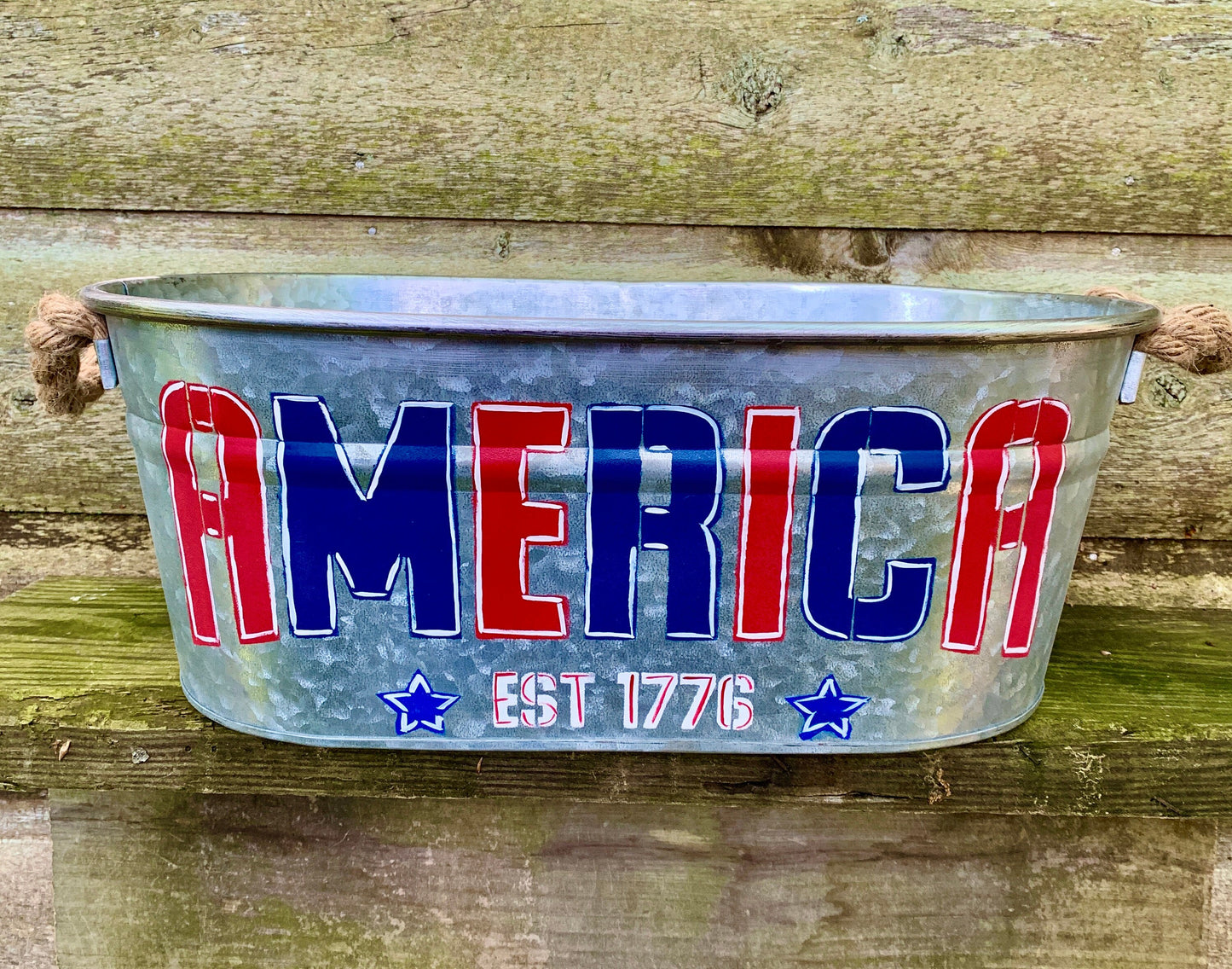 Patriotic USA Hand Painted Galvanized Metal Tub|Galvanized Oval Tin