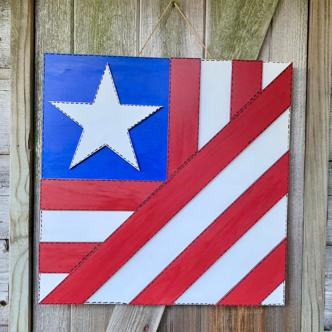 Red White and Blue wood Quilt Square Door Hanger | Patriotic Wall Decor