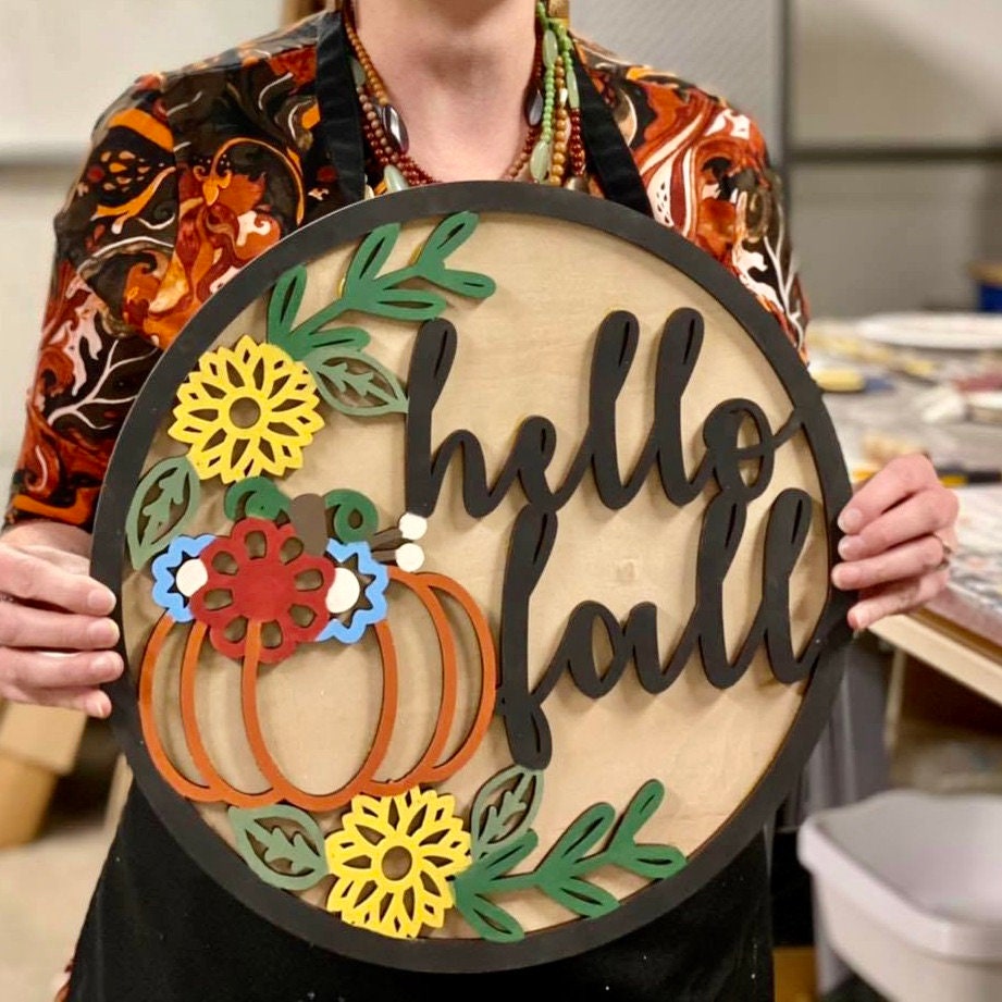 Hello Fall 18" Round Door Hanger|Fall Wood Round Door Wreath