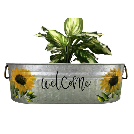 Galvanized Metal Oval Tub Hand Painted and Personalized with Sunflowers