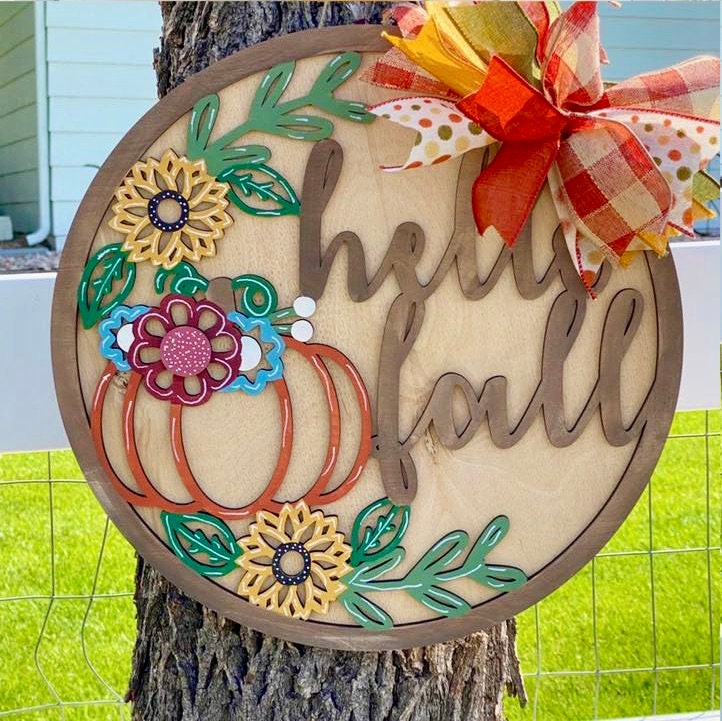 Hello Fall 18" Round Door Hanger|Fall Wood Round Door Wreath